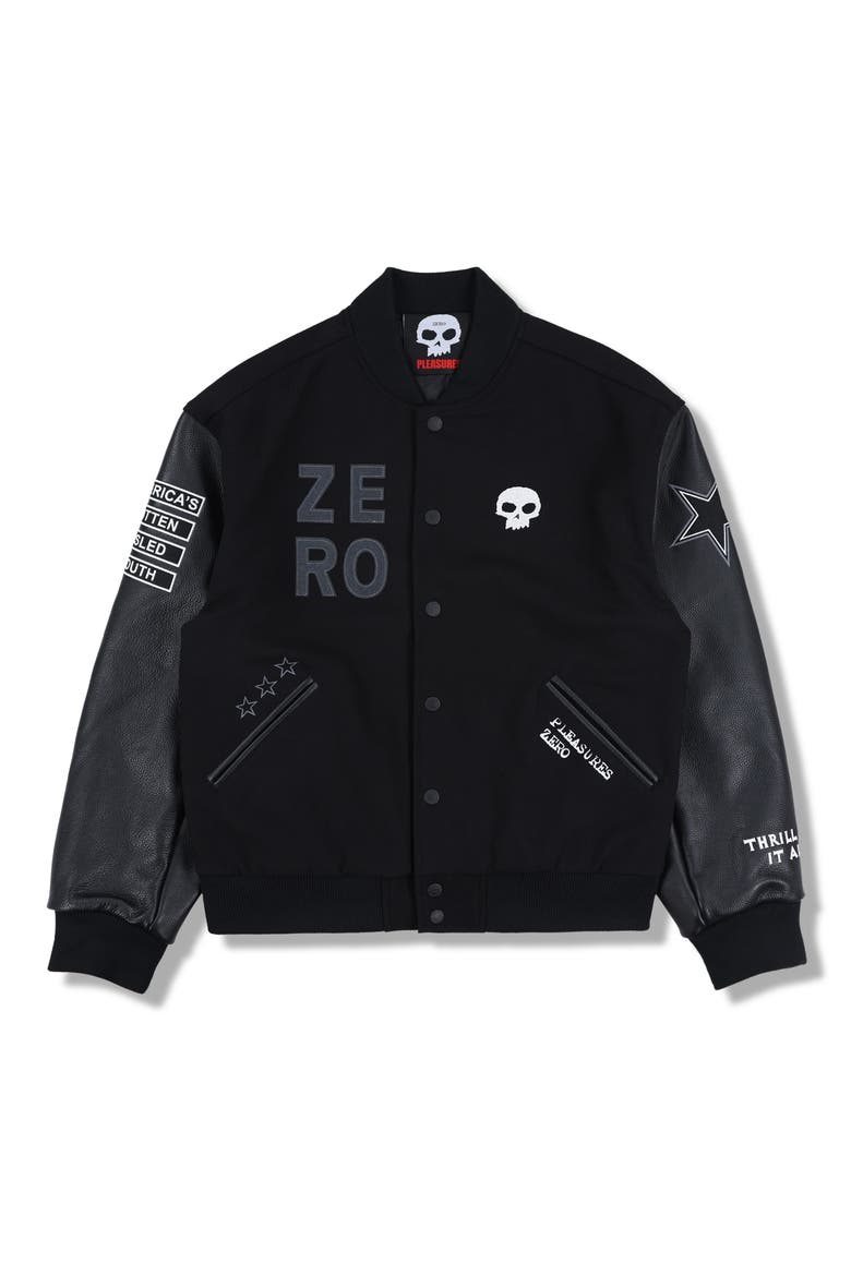 X Zero Skateboards Pleasures Varsity Jacket, Alternate, color, BLACK