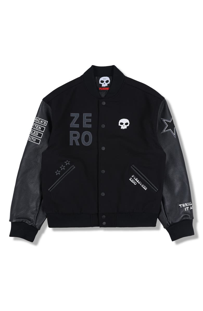 PLEASURES Zero Pleasures Varsity Jacket, Alternate, color, Black