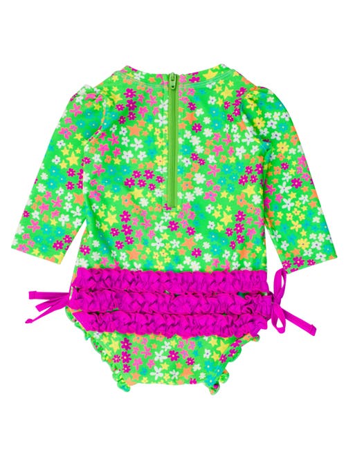 Rufflebutts Toddler Girls Long Sleeve Upf50+ One Piece Rash Guard In Neon Floral