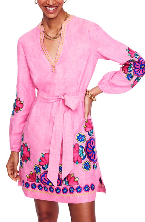 Cleo Floral Embroidered Tie Waist Long Sleeve Linen Dress