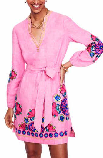 Boden Cleo Floral Embroidered Tie Waist Long Sleeve Linen Dress