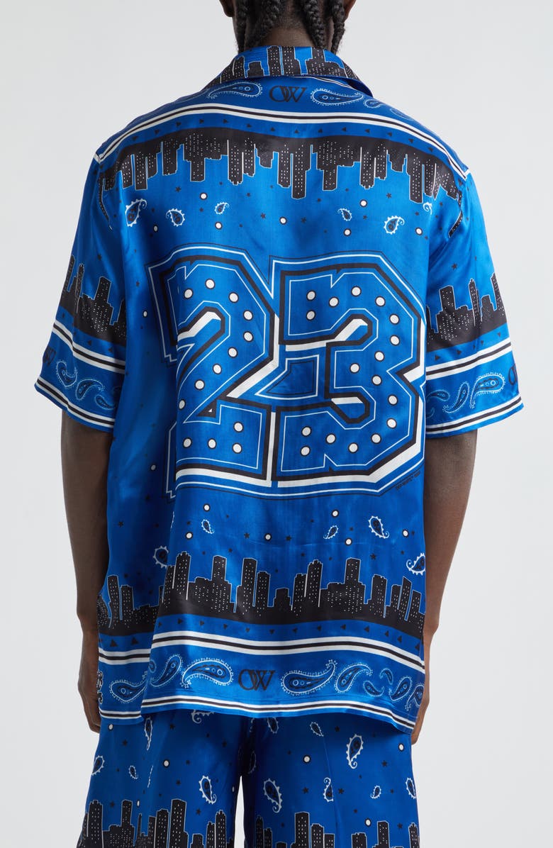 Off-White Bandana Short Sleeve Satin Button-Up Bowling Shirt, Alternate, color, Nautical Blue