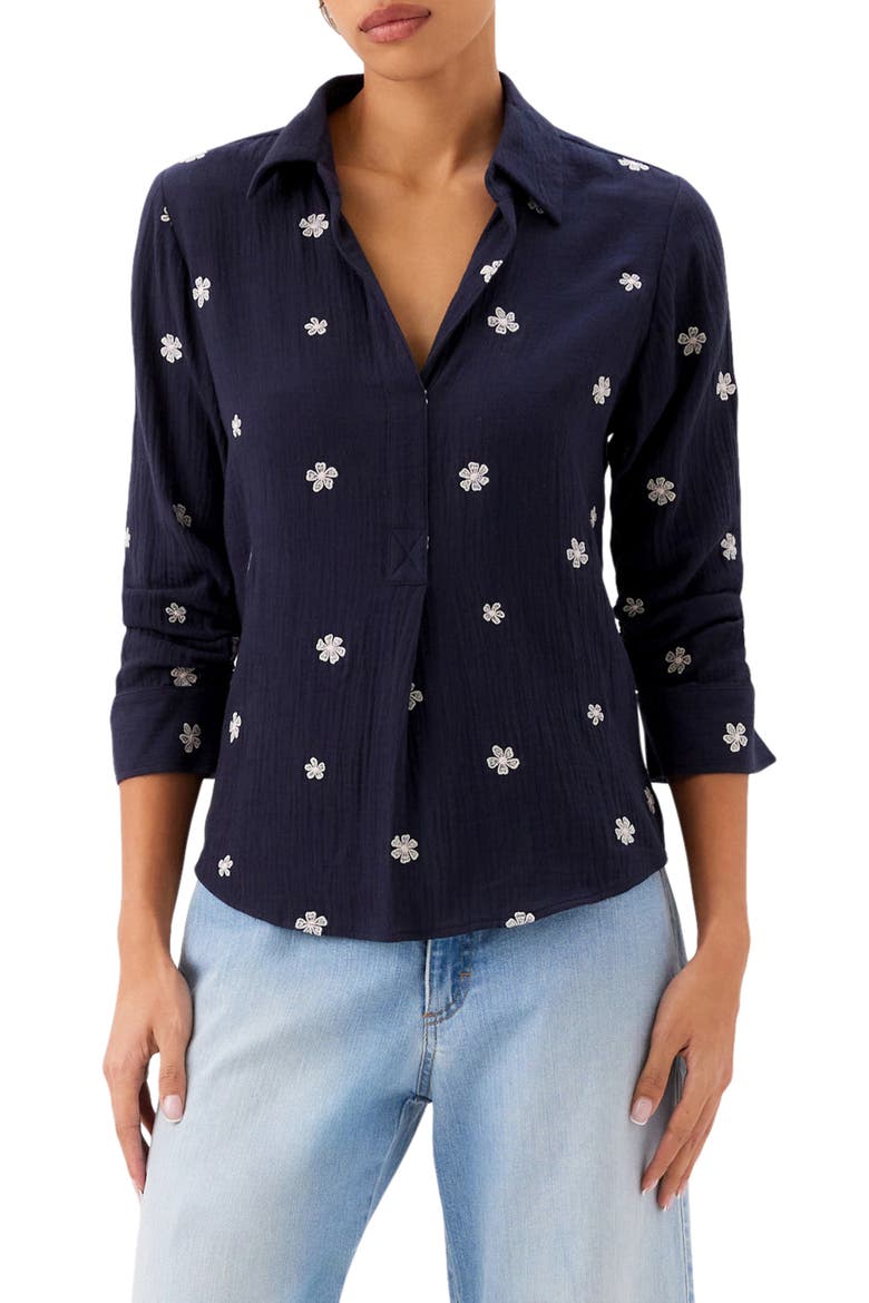 Embroidered Ruched Sleeve Cotton Gauze Shirt, Main, color, NAVY