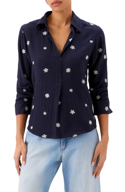 Embroidered Ruched Sleeve Cotton Gauze Shirt