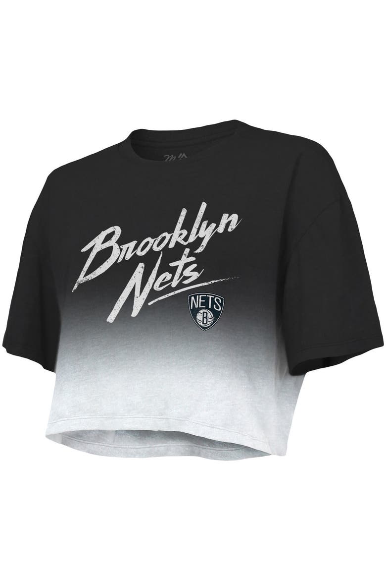 Women's Majestic Threads Black/White Brooklyn Nets Dirty Dribble Tri-Blend Cropped T-Shirt, Alternate, color, Black