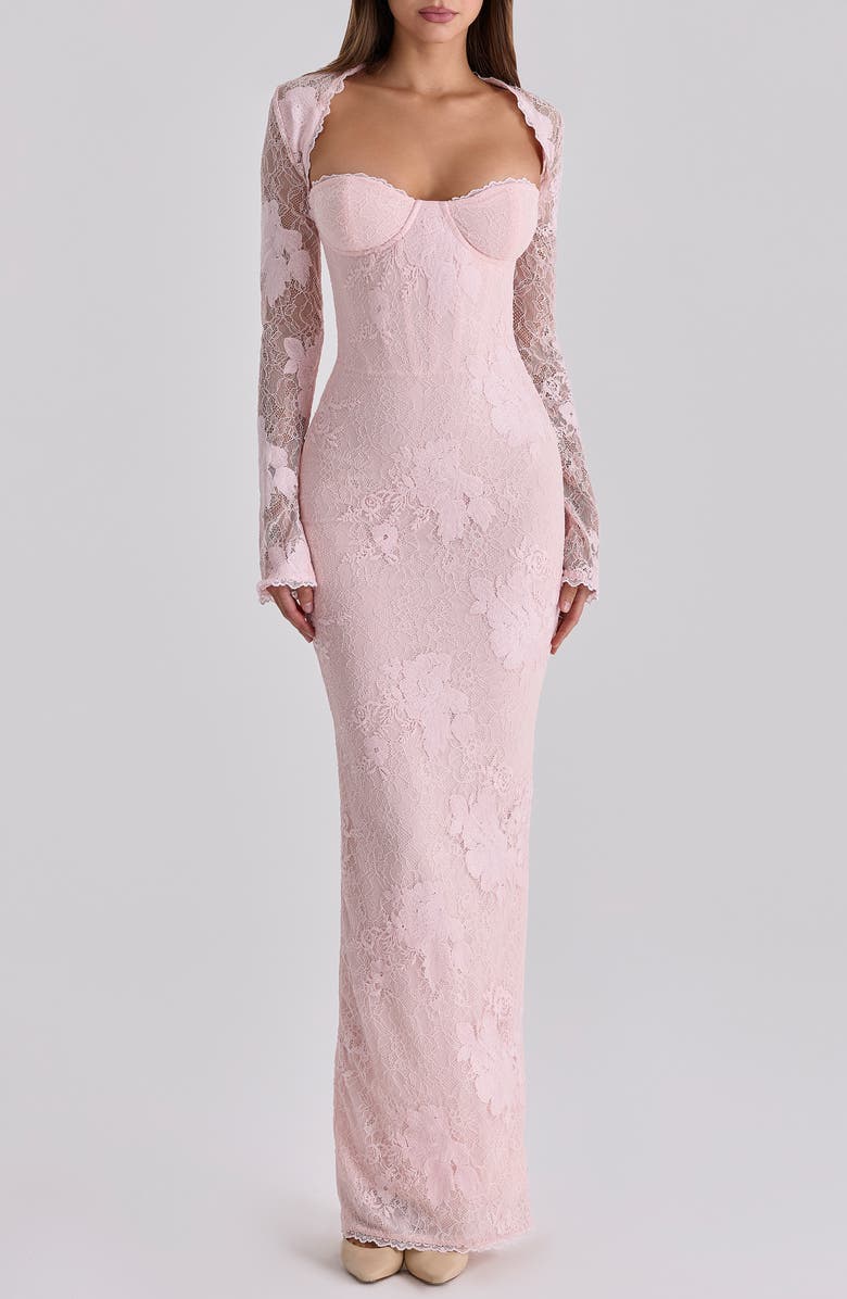 HOUSE OF CB Lucienne Lace Corset Strapless Gown & Bolero, Main, color, Pink