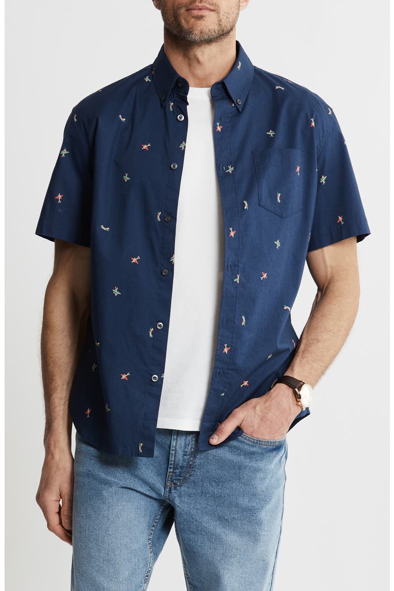 Bay Stretch Oxford Short Sleeve Shirt, Main, color, NAVY SURFER PRINT