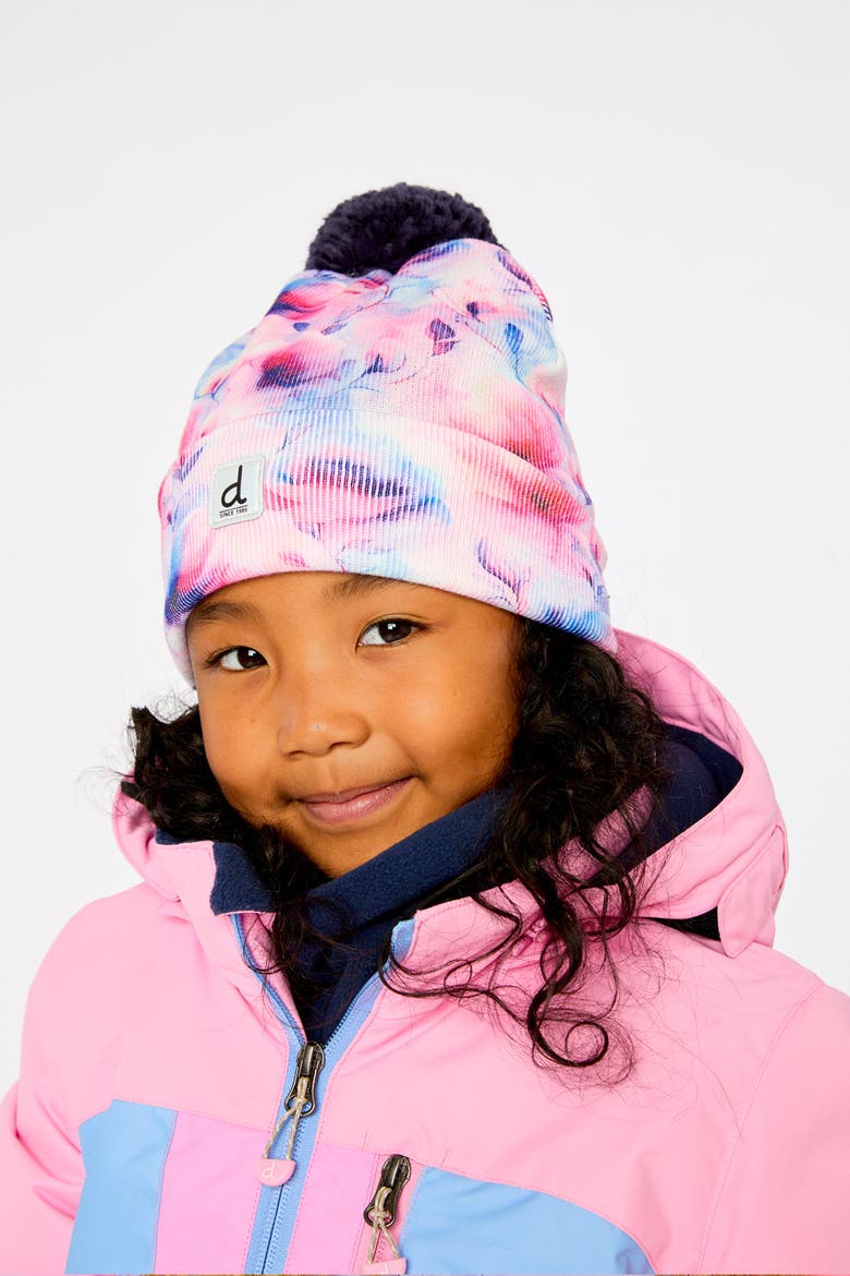 Winter Floral Fleece-Lined Pompom Knit Hat, Alternate, color, Mauve Printed Flowers