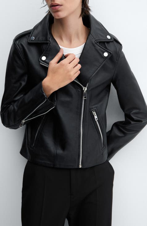 Mango black leather jacket hotsell