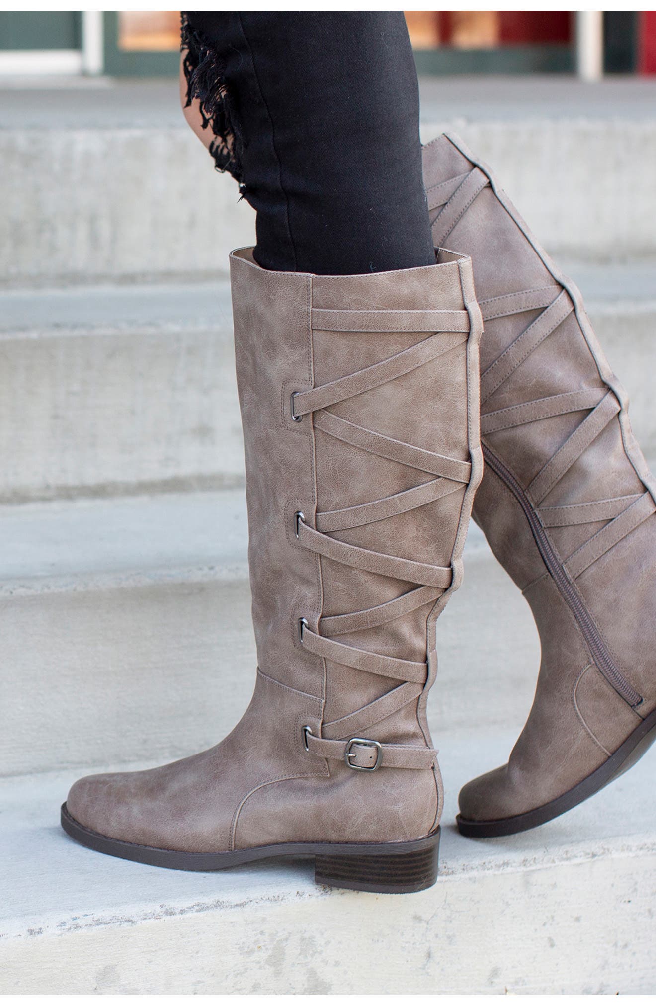 Journee Collection Carly Lace Back Tall Boot, Alternate, color, Brown