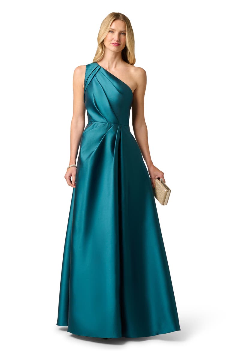 Pleated One-Shoulder Mikado Gown, Alternate, color, HUNTER