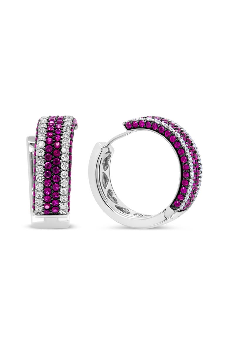 18K White Gold 1 7/8 Cttw Diamond and 1mm Round Red Ruby Open Swish Hoop Earrings, Alternate, color, White