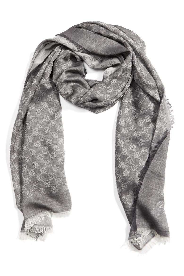 Monogram Wool & Silk Scarf, Alternate, color, GREY
