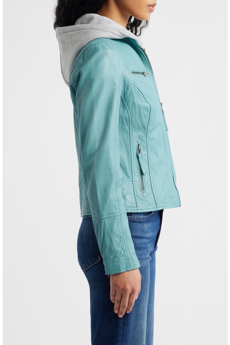 Nola Leather Jacket with Removable Hoodie, Alternate, color, LIGHT TURQUOISE
