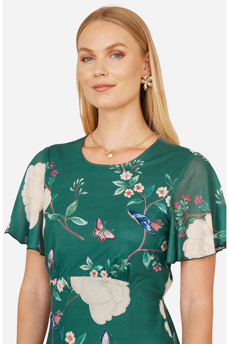 Mesh Bird And Floral Print Midi Dress, Alternate, color, Green