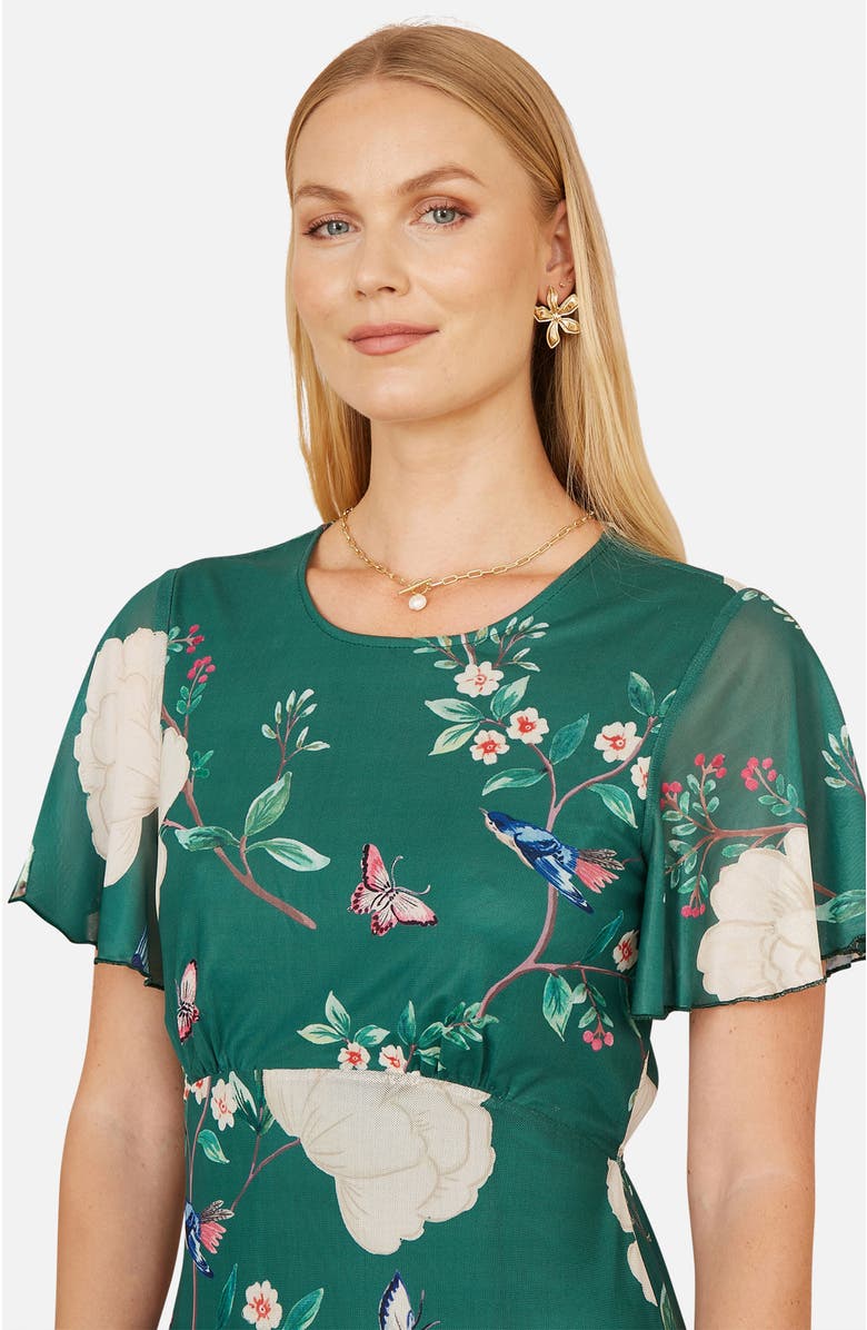Yumi Mesh Bird And Floral Print Midi Dress, Alternate, color, Green