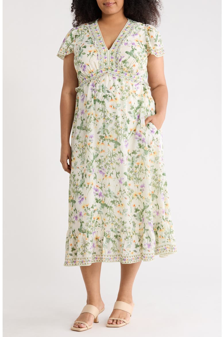 Floral Flutter Sleeve Empire Waist Maxi Dress, Main, color, WHITE/ PURPLE INKY BLOOM