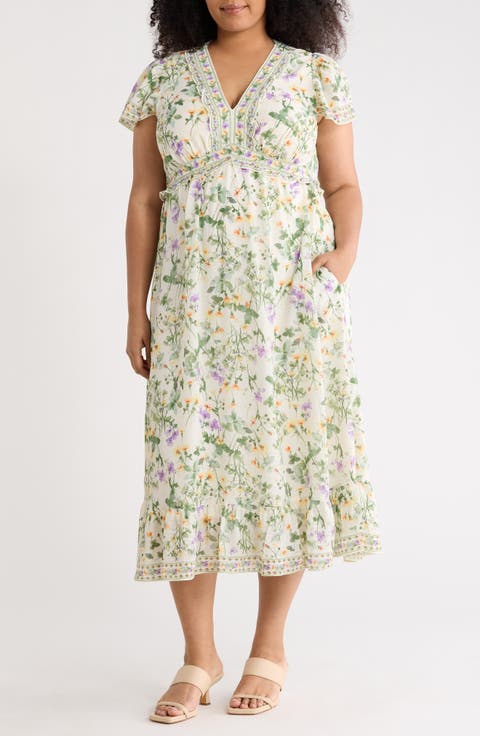 Floral Flutter Sleeve Empire Waist Maxi Dress (Plus)