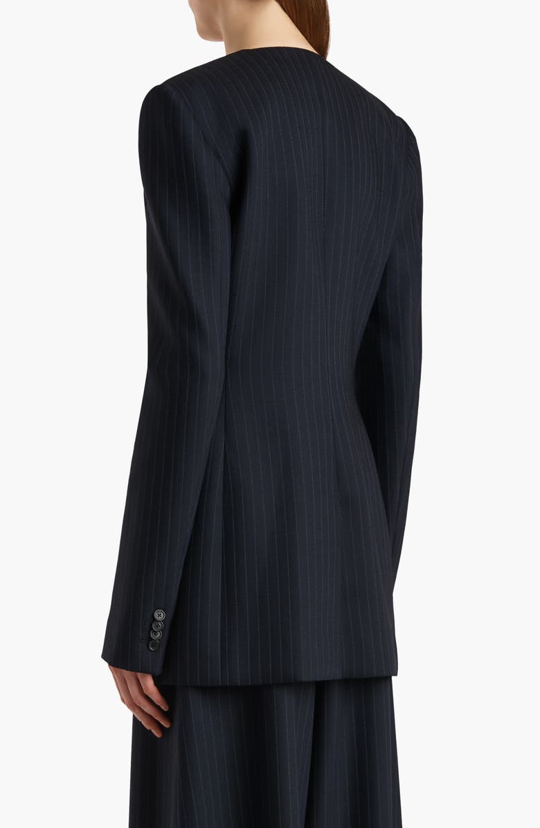 Khaite Naran Pinstripe Single Breasted Stretch Virgin Wool & Cotton Blazer, Alternate, color, Navy / White