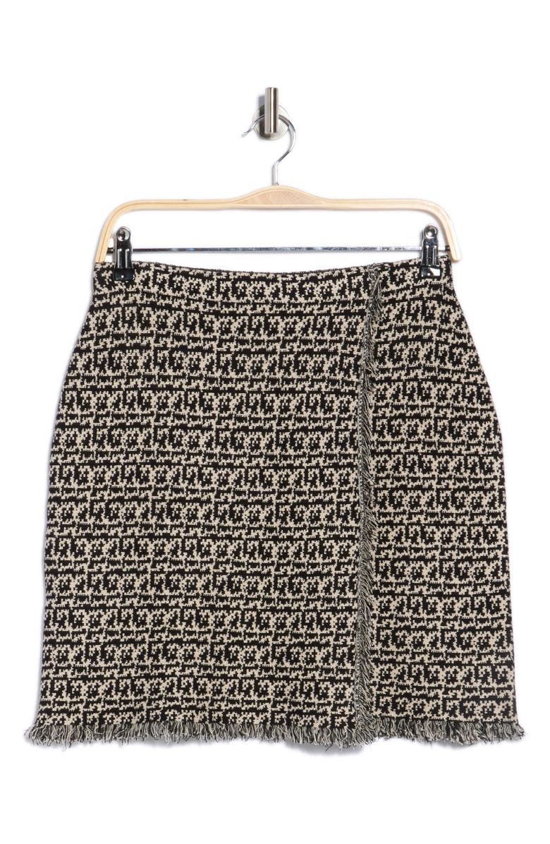 MAX STUDIO Faux Wrap Bouclé Miniskirt, Alternate, color, Black/ Ivory Pixel