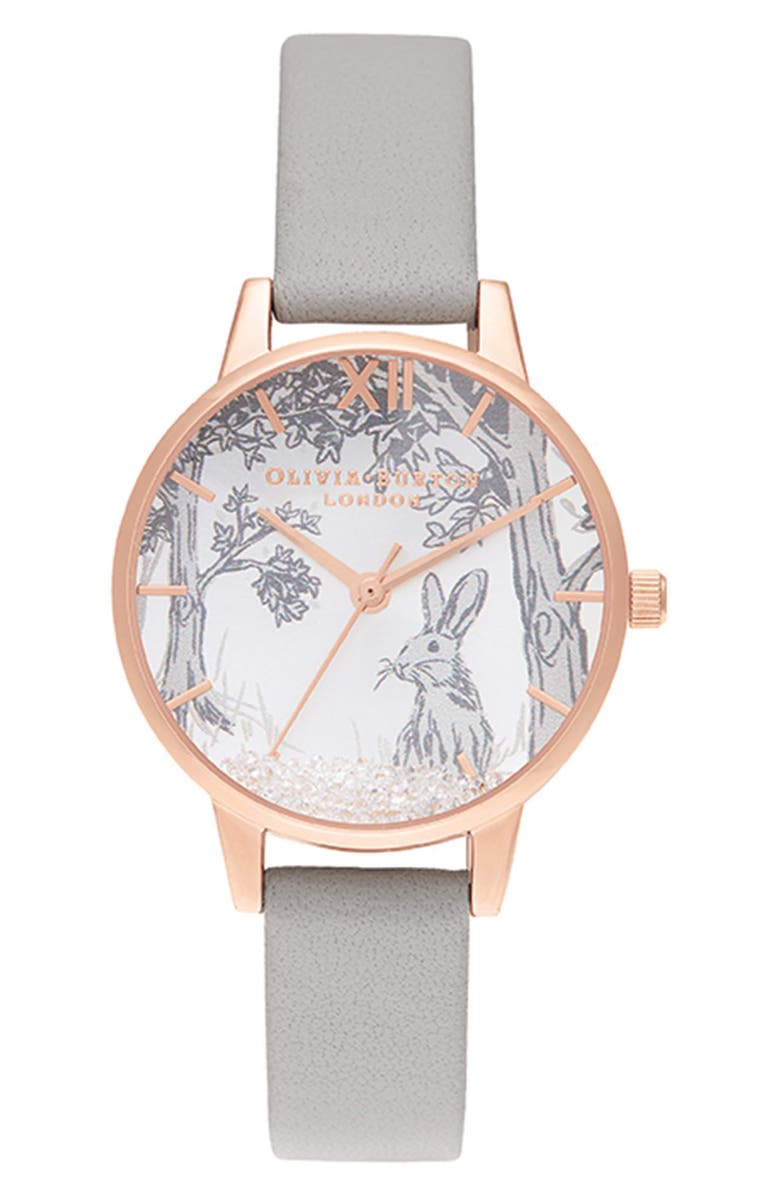 Olivia Burton Snow Globe Leather Strap Watch, 30mm, Main, color, 