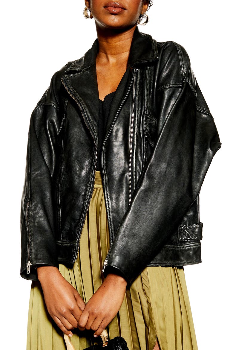 Oversize Leather Biker Jacket, Main, color, BLACK
