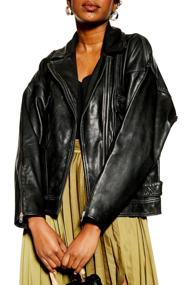 Topshop Oversize Leather Biker Jacket, Main, color, 