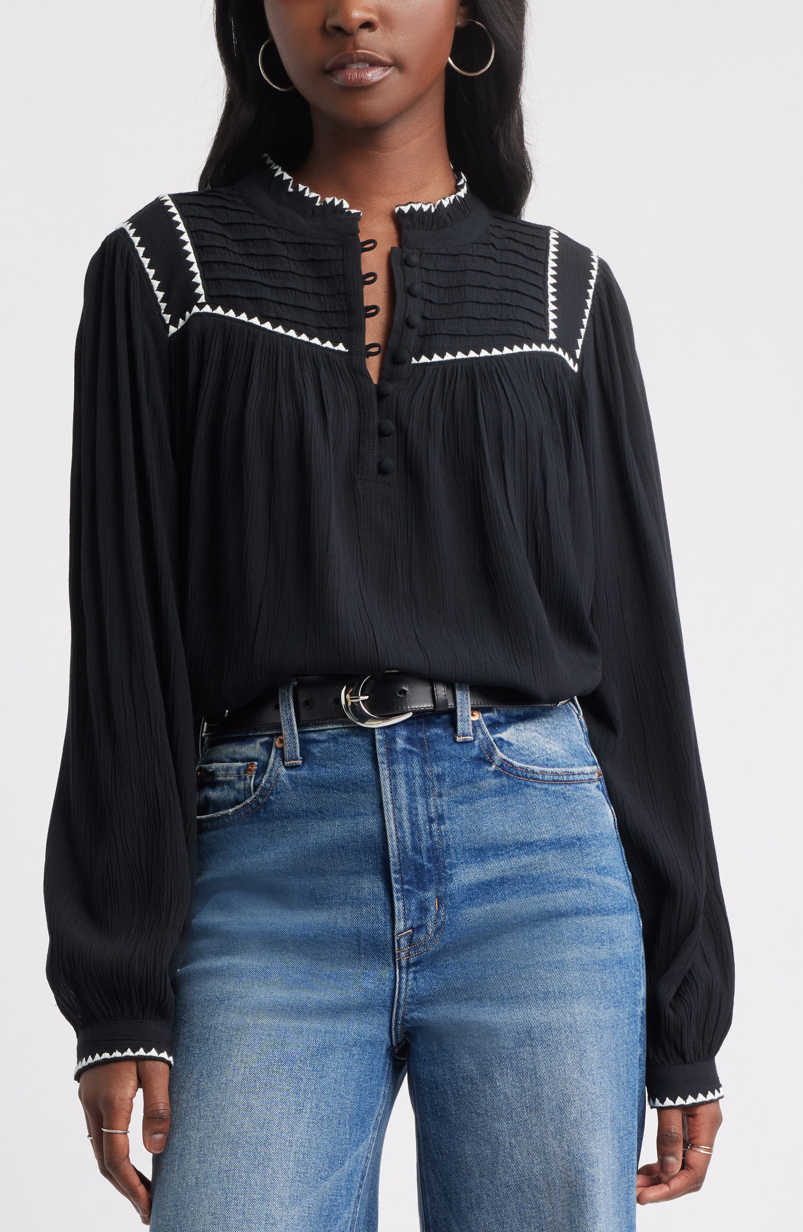 Treasure & Bond High Neck Embroidered Long Sleeve Top