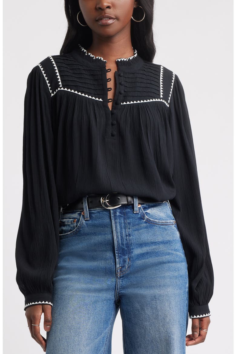High Neck Embroidered Long Sleeve Top, Main, color, BLACK