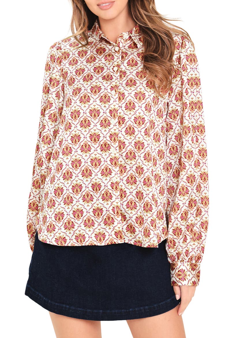 Print Satin Shirt, Main, color, BURGUNDY