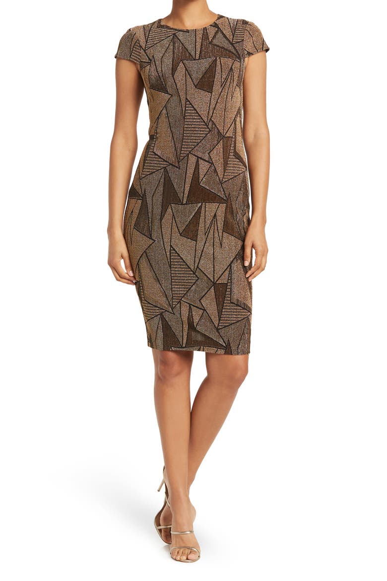 Geo Metallic Knit Cap Sleeve Dress, Main, color, BLACK GOLD