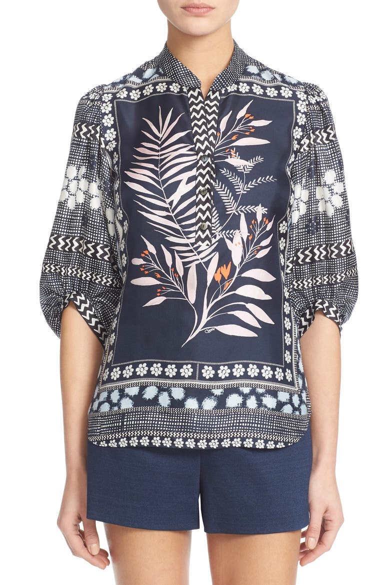 'Chrystie' Print Silk Top, Main, color, LEAF PLACEMENT INDIGO
