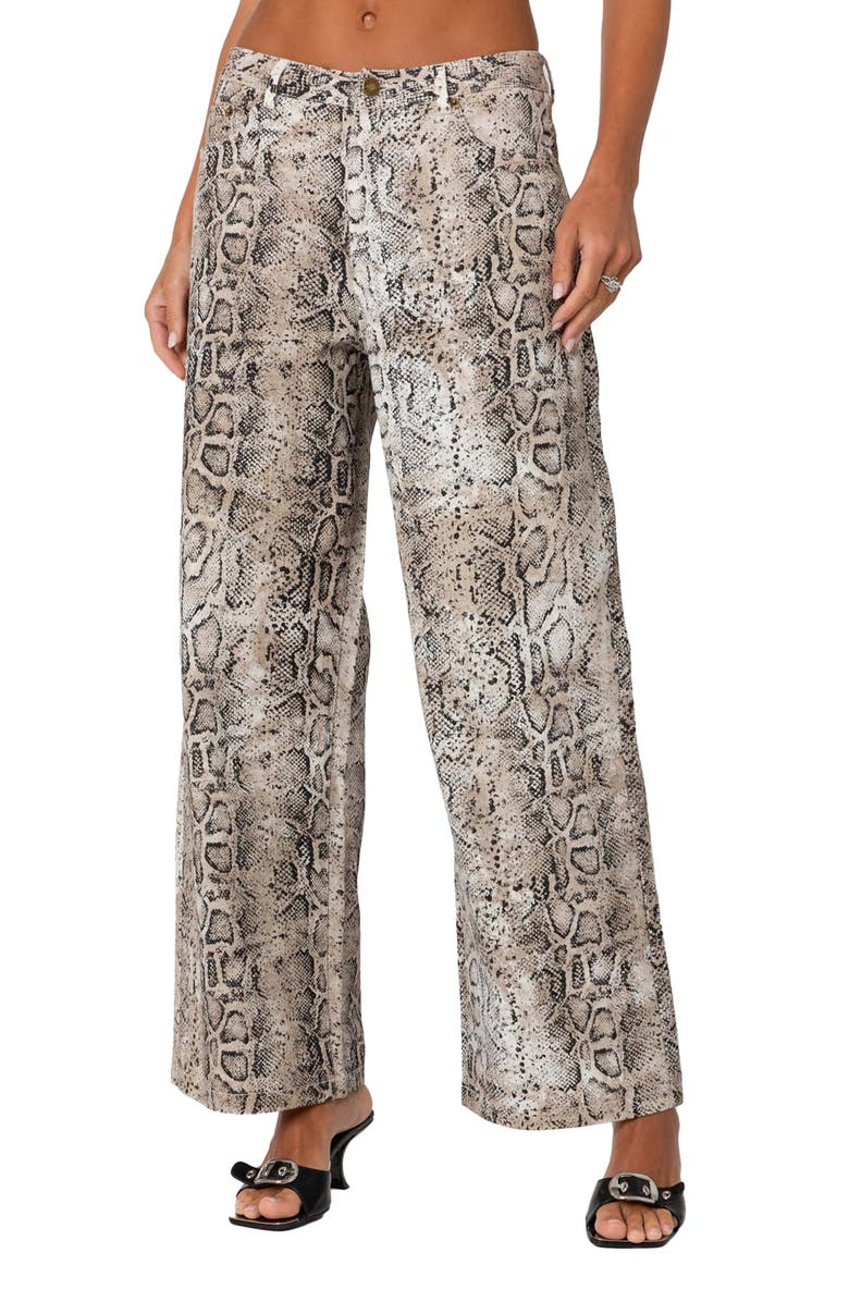 EDIKTED Snakeskin Print Low Rise Wide Leg Jeans, Main, color, Mix