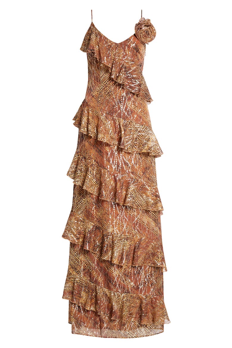 Aneta Metallic Ruffle Gown, Alternate, color, GOLD ANIMAL