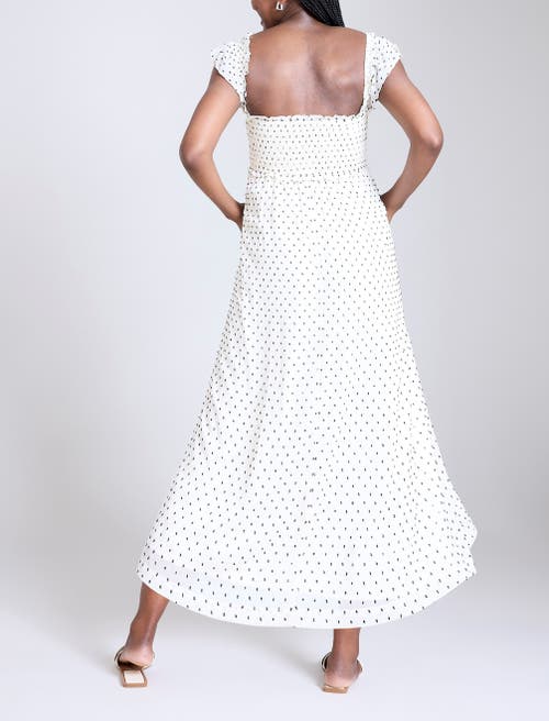 Motherhood Maternity Sleeveless Ruffle Shoulder Smocked Maxi Dress In White & Black Polka Dot