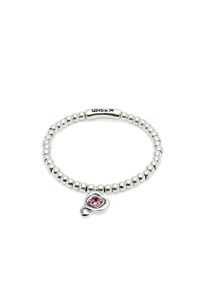 Beaded Stretch Bracelet with Heart and Pink Crystal, Alternate, color, Silver