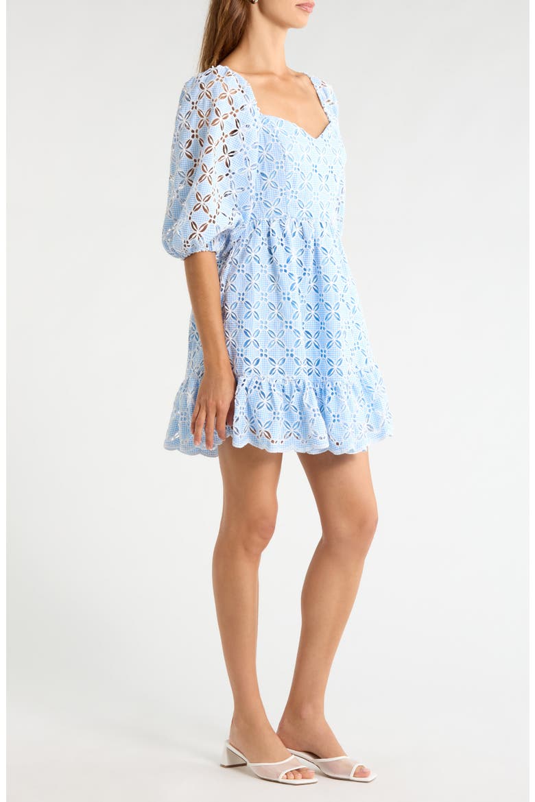 Sequin Detail Cotton Eyelet Babydoll Dress, Alternate, color, WHITE-BLUE