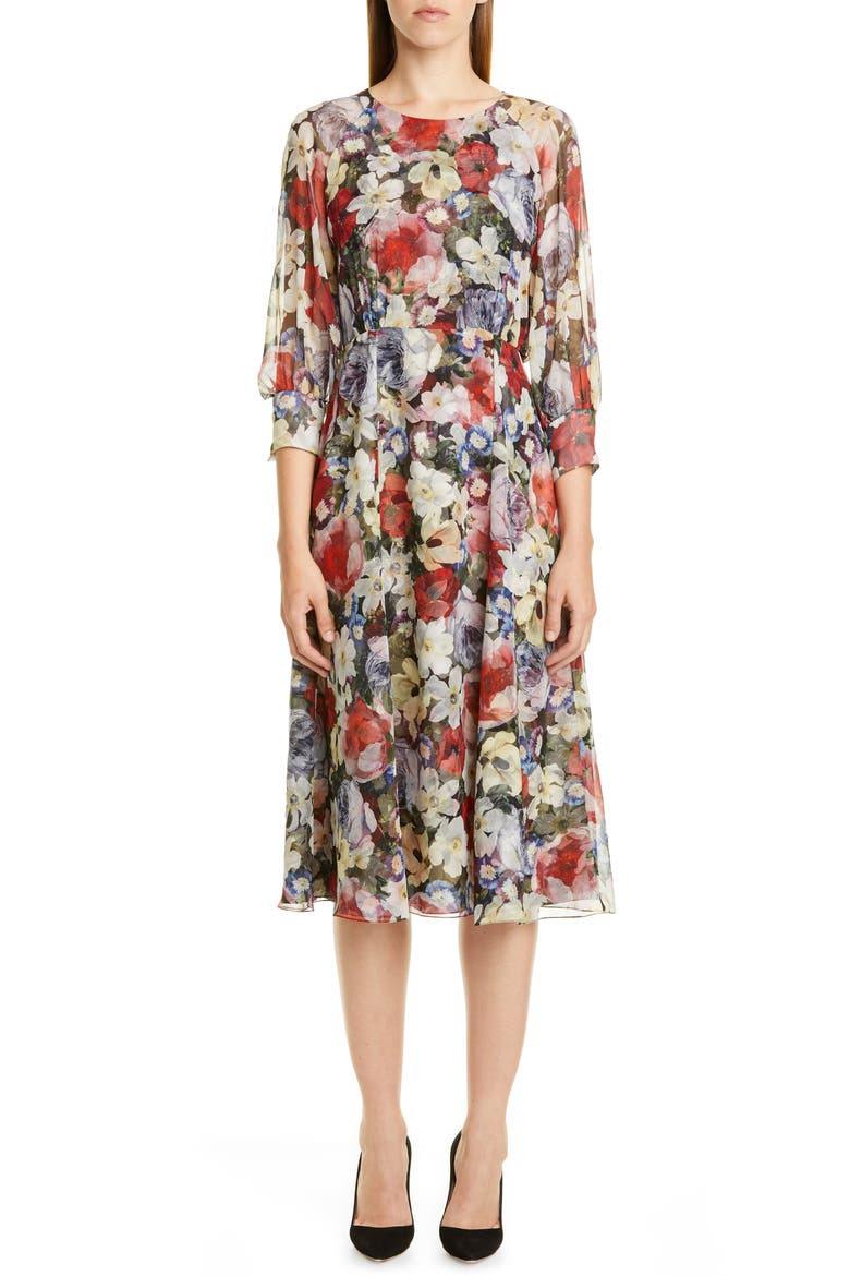 Poppy Collage Floral Silk Midi Dress, Main, color, BLACK / MULTI