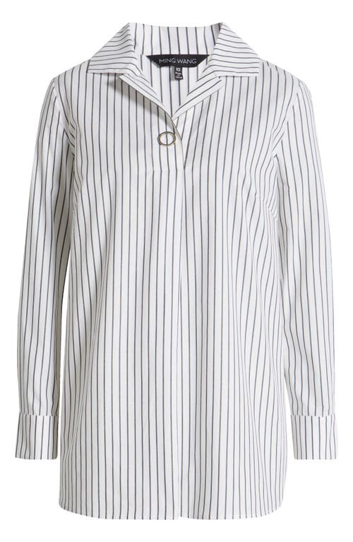 Ming Wang Stripe Cotton Popover Shirt In White