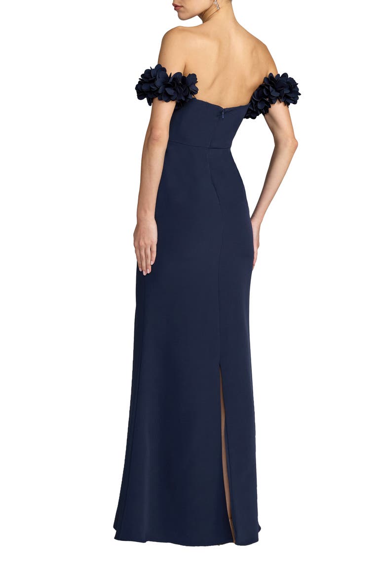 Petite Crepe Off The Shoulder Gown With 3D Flowers, Alternate, color, Midnight