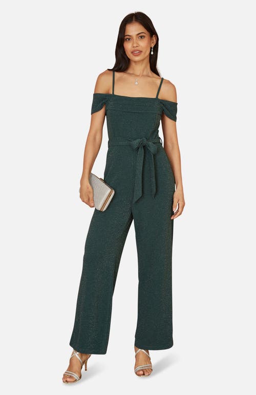 Yumi Sparkle Stretch Bardot Jumpsuit In Green