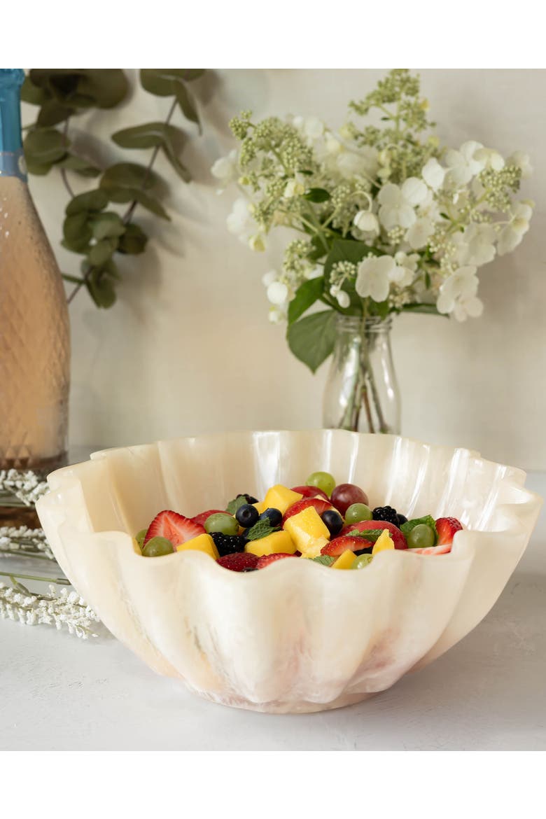 Resin Serving Bowl - Marbled Cream Scalloped Decorative Bowl, Shatterproof 11-Inch Fruit & Centerpiece Bowl for Indoor & Outdoor Luxury Entertaining, Alternate, color, Cream