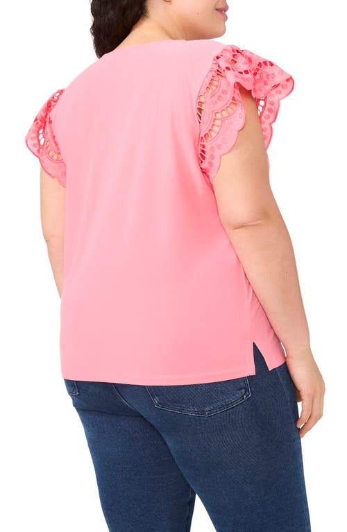 CECE CECE EMBROIDERED FLUTTER SLEEVE MIXED MEDIA TOP