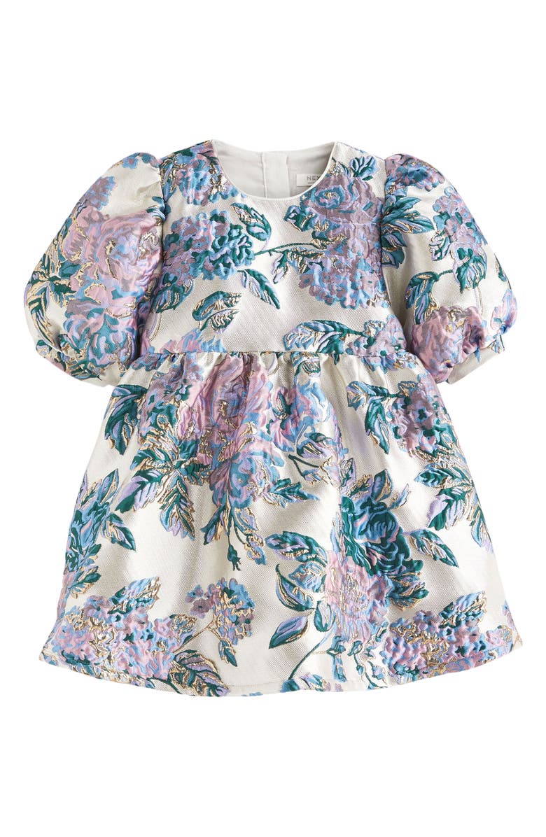 NEXT Kids' Floral Metallic Jacquard Puff Sleeve Dress, Main, color, 