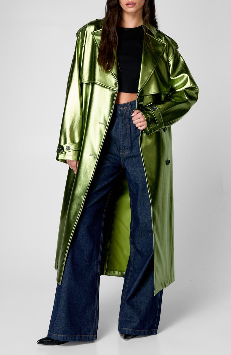 NASTY GAL Metallic Belted Double Breasted Faux Leather Trench Coat, Main, color, 