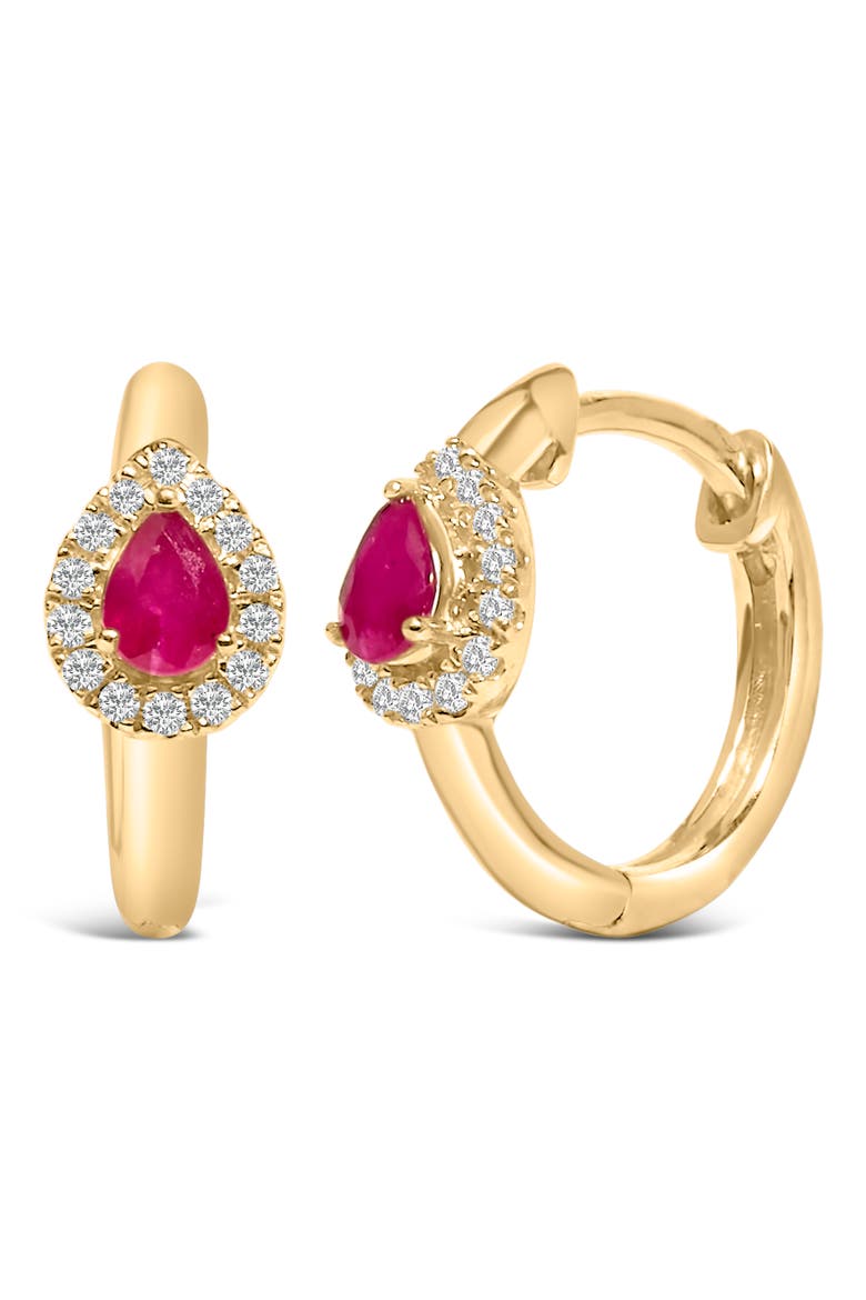 10K Yellow Gold Pear Red Ruby 4x3 mm and 1/10 Ct Round Diamond Huggy Earrings, Alternate, color, Yellow