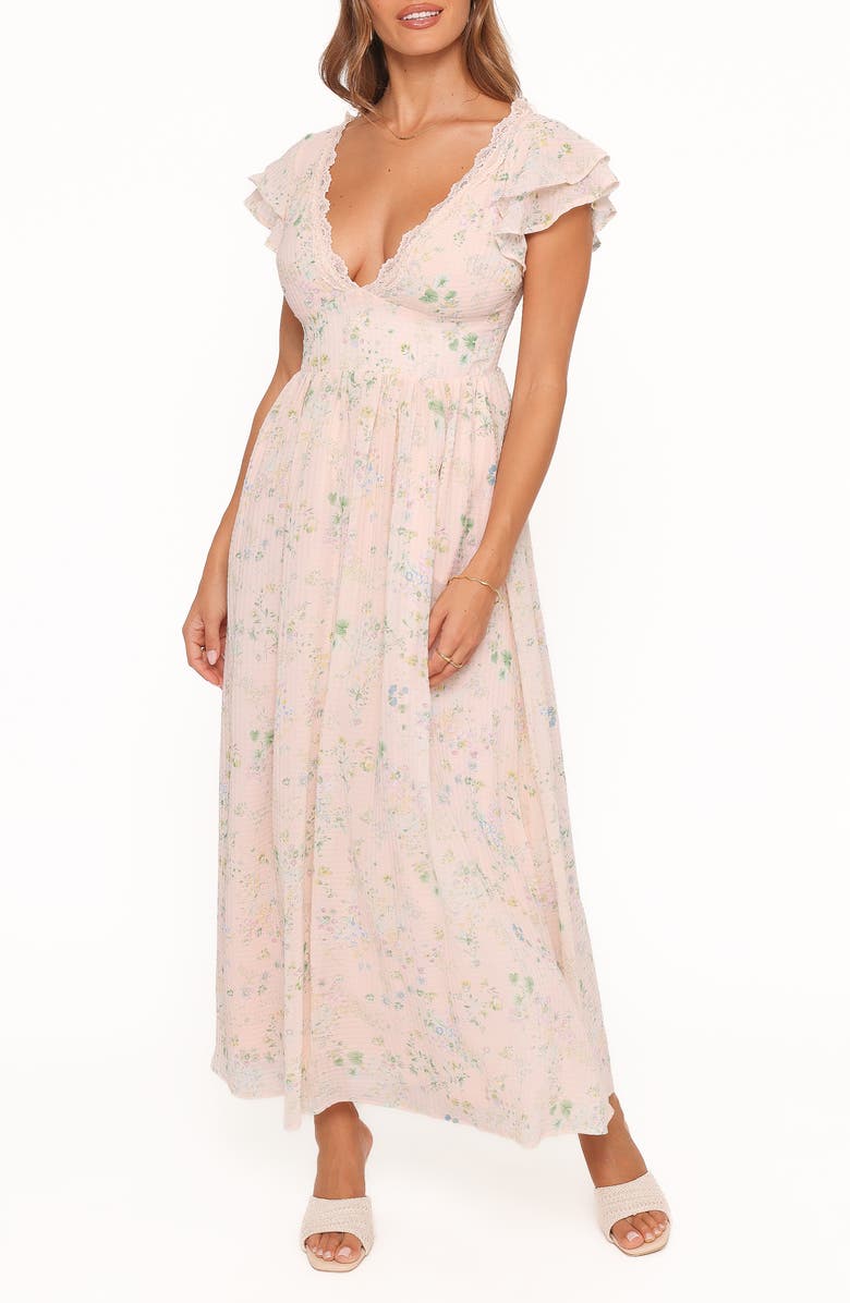 Petal & Pup Angelica Floral Flutter Sleeve Maxi Dress, Main, color, 