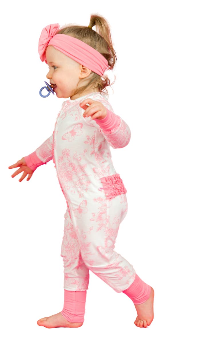 RuffleButts Butterfly Print Ruffle Convertible Romper, Alternate, color, White/Pink