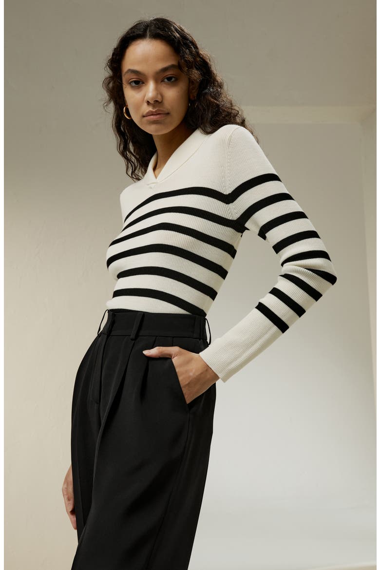 Women's Striped Ultra-fine Merino Wool Sweater, Alternate, color, White With Black Stripes