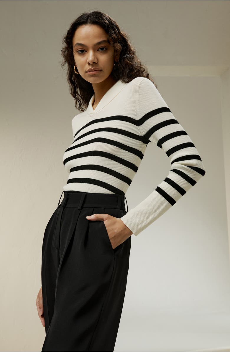 Lilysilk Women's Striped Ultra-fine Merino Wool Sweater, Alternate, color, White With Black Stripes